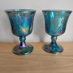 2 Vintage Glasses Carnival Blue Goblets Iridescent Harvest Grape