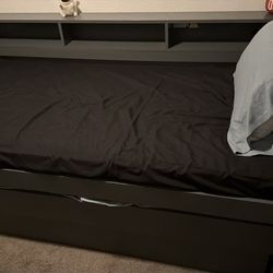 Twin XL Size Bed Frame Wooden Platform Bed with 2 Trundles