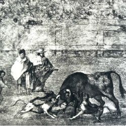 DOGS, BULL, BULLRING Original Vintage Fine Art GOYA Spain Print 1960’s Printed Antique Collectible Spanish Bullfighting Historic Fighting Ring