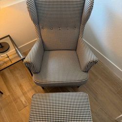 STRANDMON Armchair and ottoman, Vibberbo black/beige