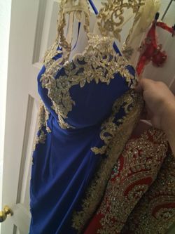 Royal Blue Formal Gown with Gold Embroidery