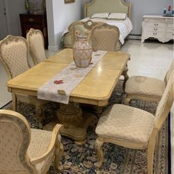 Wooden Dining Table With Six Matching Wooden Chairs
