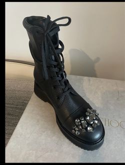 Jimmy Choo Black Leather Crystal Combat Boot