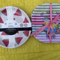 Summer Fruit Stripped Tropical Plates Set Square Round