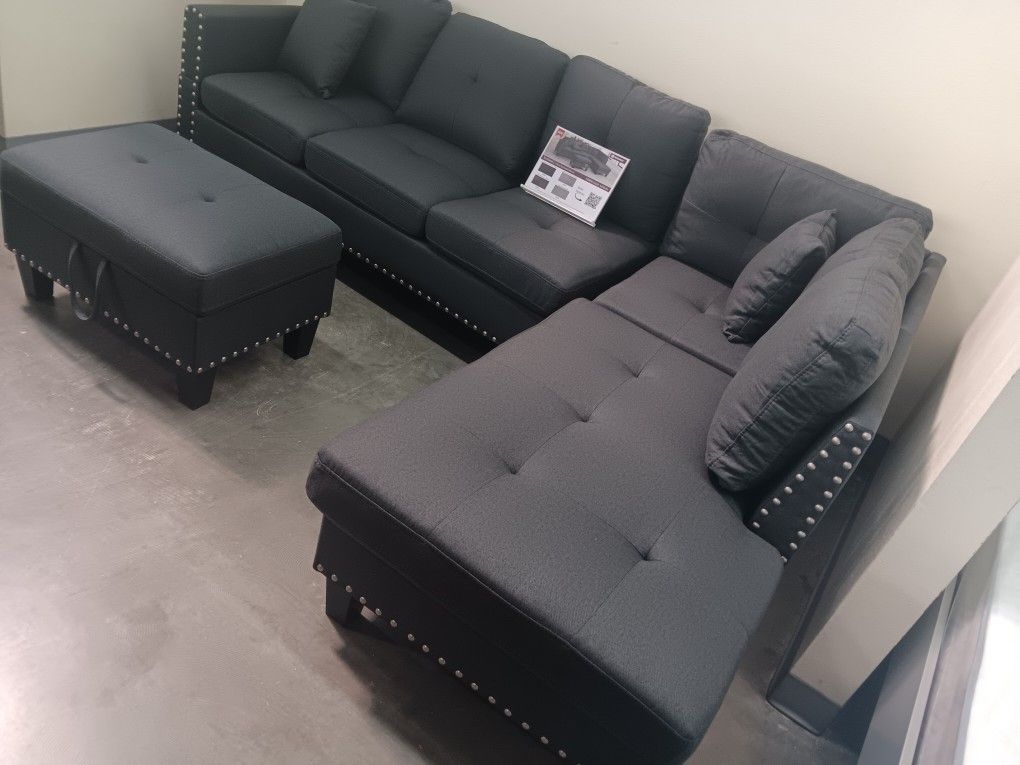 3pcs Sectional Sofa W/Drop-Down Cupholder & Storage Ottoman