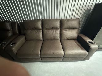 Ashley Furniture Brown Leather Recliner Sofa with Cup Holders