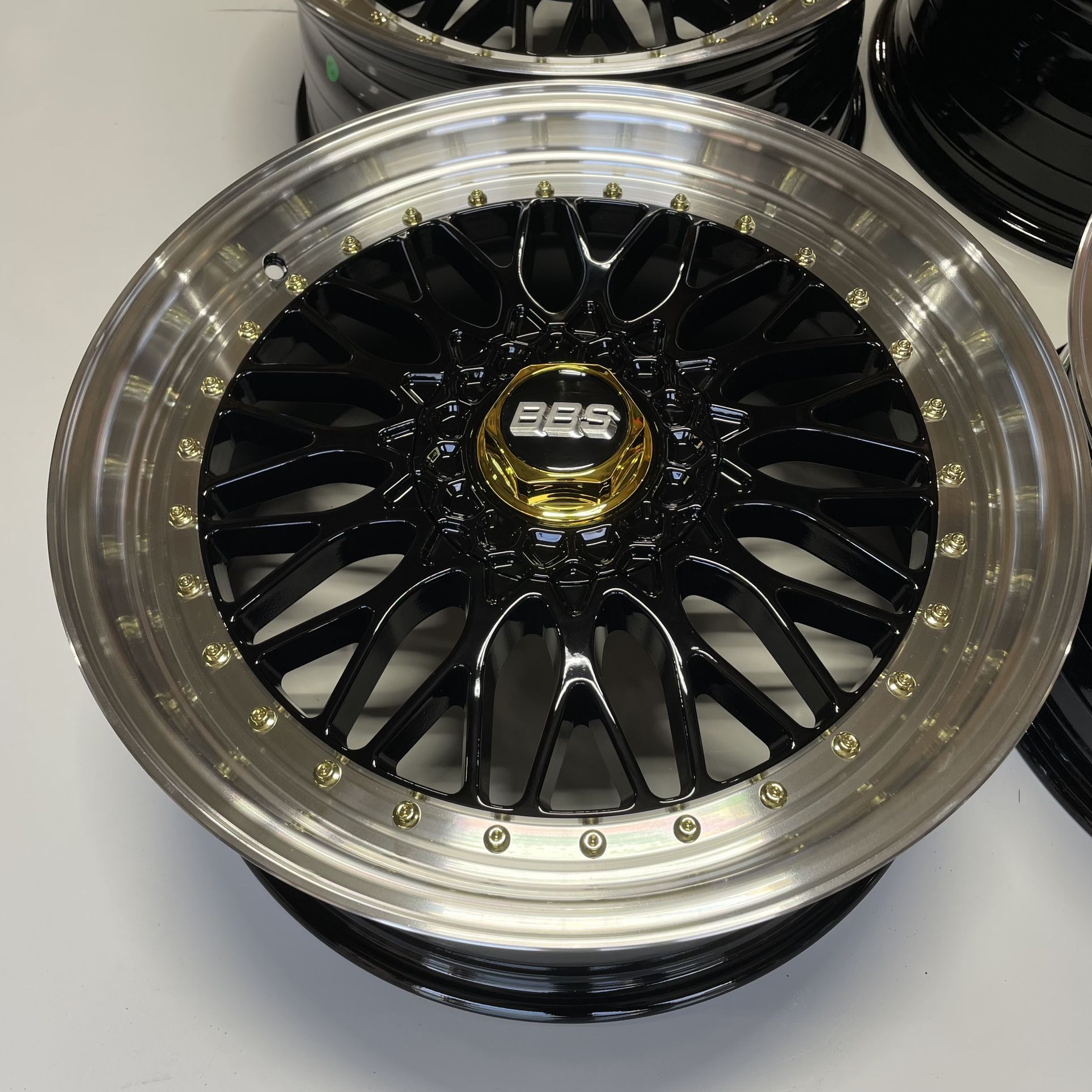 New 20” BBS RS Style Wheels Gloss Black Faces Polished Lips Gold Hardware 20x8.5 +35 (5x114.3) (5x120) Dual Bolt Pattern 