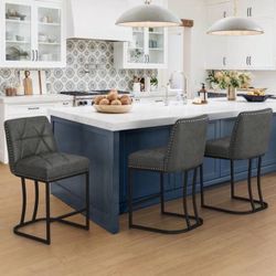 Black Faux Leather Bar Stool Metal Frame Upholstered Seat Bar Chair with Backrest Rivet (Set of 3)