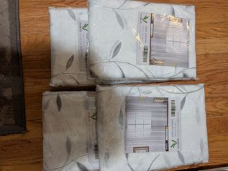 4 PR NEW IN PKG 54 X 84 SHEER WHITE CURTAINS/GREY EMBROIDERED LEAVES