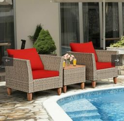 Patiojoy 3PCS Patio Rattan Bistro Furniture Set Wood Table Top Cushion