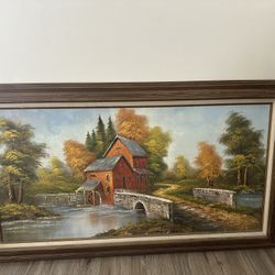 Framed Signed Brian Roche Oil on Canvas Painting Watermill Scene