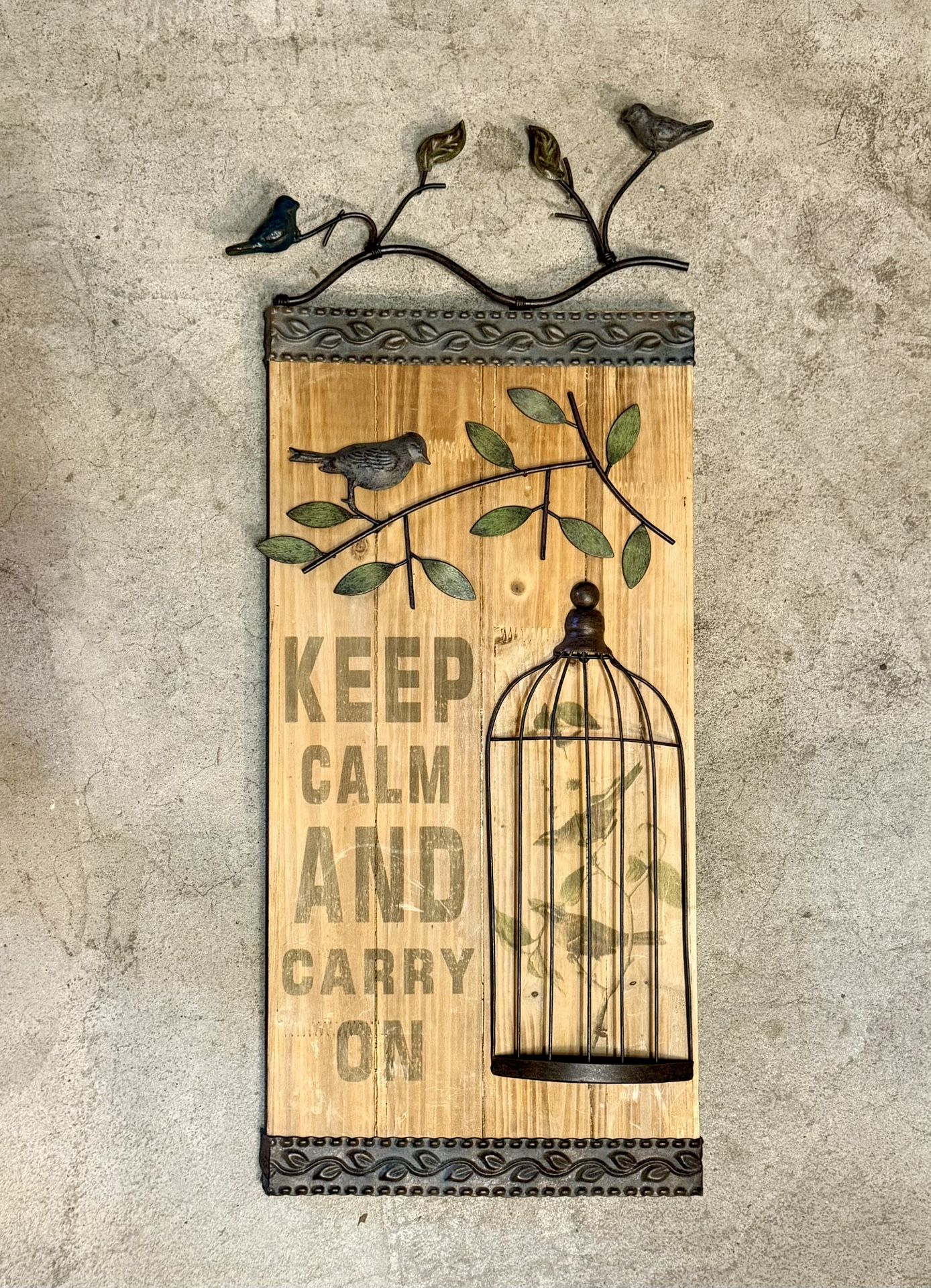 30” Vtg Wood Metal Bird Cage Wall Art Birds Decor Keep Calm And Carry On Sign