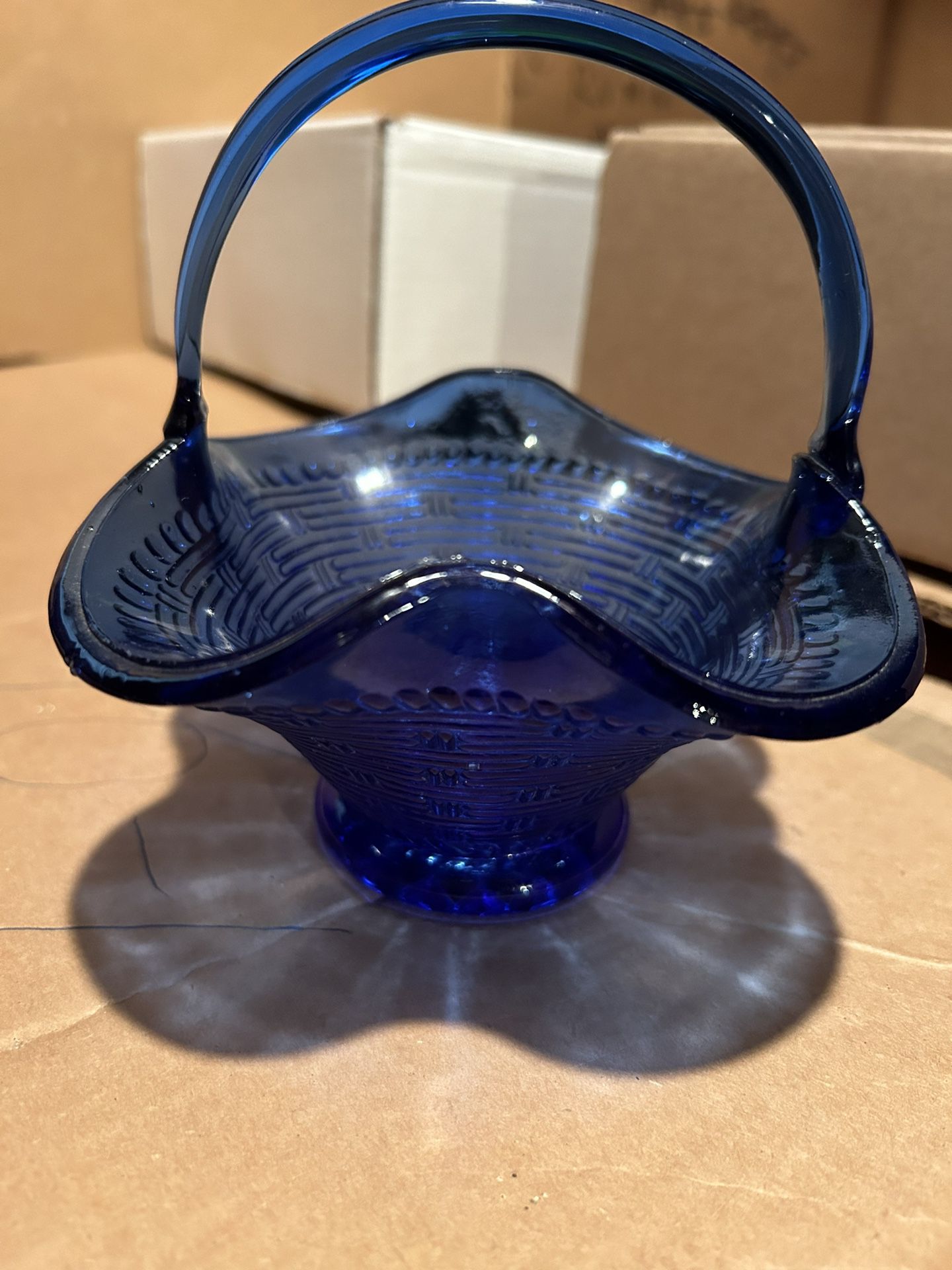 Vintage Cobalt Blue Glass Basket with Handle