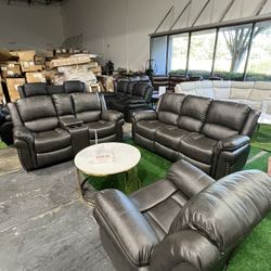 Grey Recliner 3Pcs Sofa Set / Juego de sofás reclinables grises de 3 piezas