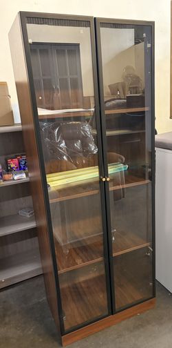 63'' Tall Brown Glass Display Dining China Cabinet, 4-Tier Wooden Curio Liquor Storage Lighted Hutch with Glass Door , Walnut