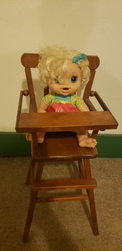 Early American Antique Wooden Doll Highchair With Food Tray
