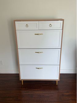 White and Wood Shoe Cabinet with Gold Handles
