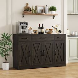 55.1 W Farmhouse Kitchen Sideboard, Coffee Bar Cabinet with 4 Doors and 3 Drawers, Wooden Buffet Cabinet with Adjustable Shelves, Dark Brown
