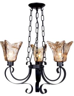 Vintage Farmhouse Chandelier Black Rustic Chandelier Amber Hammered Glass 3 Lights 