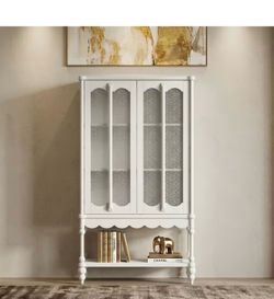 Fufu&Gaga White 62.2 in. H Accent Cabinet Office Storage Cabinet with 4-Shelves Patterned Glass Doors and Scalloped Edge Design($160)