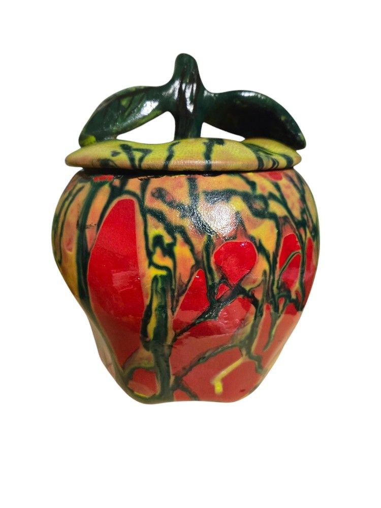 handpainted abstract apple 9" vintage ceramic cannister with stem lid