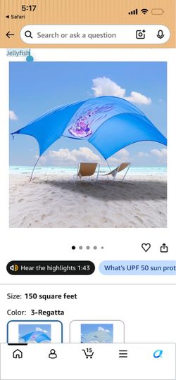 Edit listing Next VUIIVILIVII New Description Large 150 square foot beach sunshade is blue with a purple jellyfish graphic. This tent has two lightwei