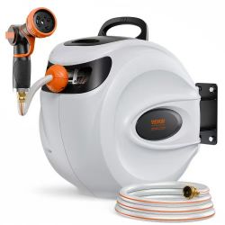 59] Retractable Hose Reel, 84 ft x 5/8 inch, 180° Swivel Bracket Wall-Mounted, Garden Water Hose Reel with 9-Pattern Nozzle, Automatic Rewind, Lock at