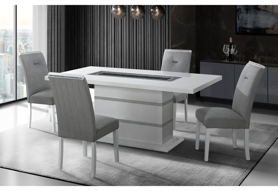 Elegant high gloss white finish dining set with a clear glass inlay to round off the look