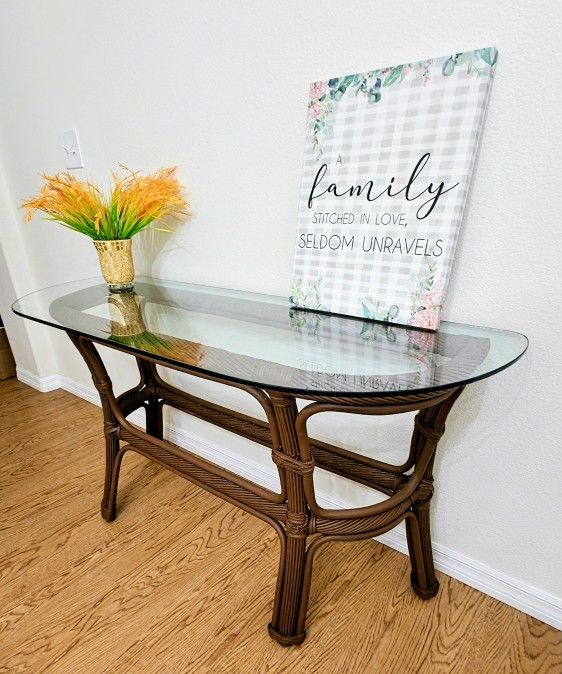 Brown Wicker Rattan Semi Circle Half Round Console Entryway Sofa Couch Side Entry Way Glass Table