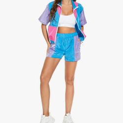 XL Color Block Windbreaker 2 Piece Outfits Short Sleeve Zip Front Elastic Waist Tracksuit Set