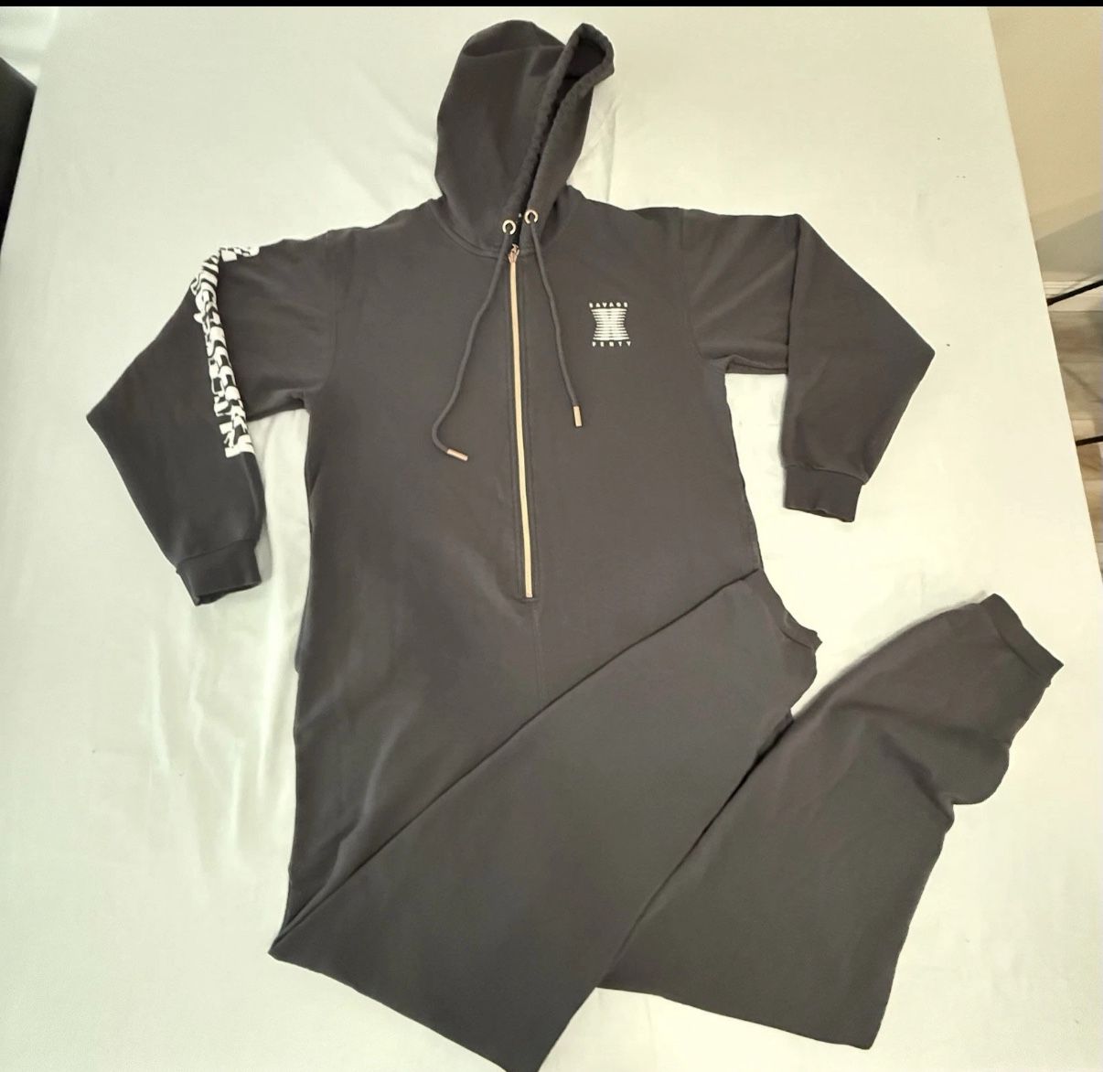 Savage X Fenty Forever Savage Showgirl Hooded 1-Piece Jumpsuit Gray-NO SIZE TAG