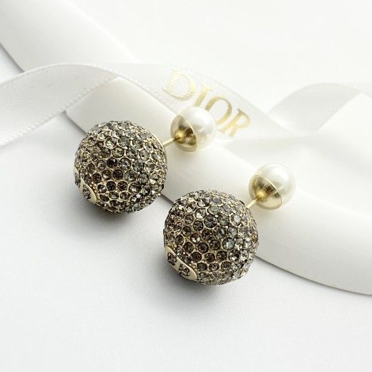 Dior grey gold full diamond pearl double ball earrings