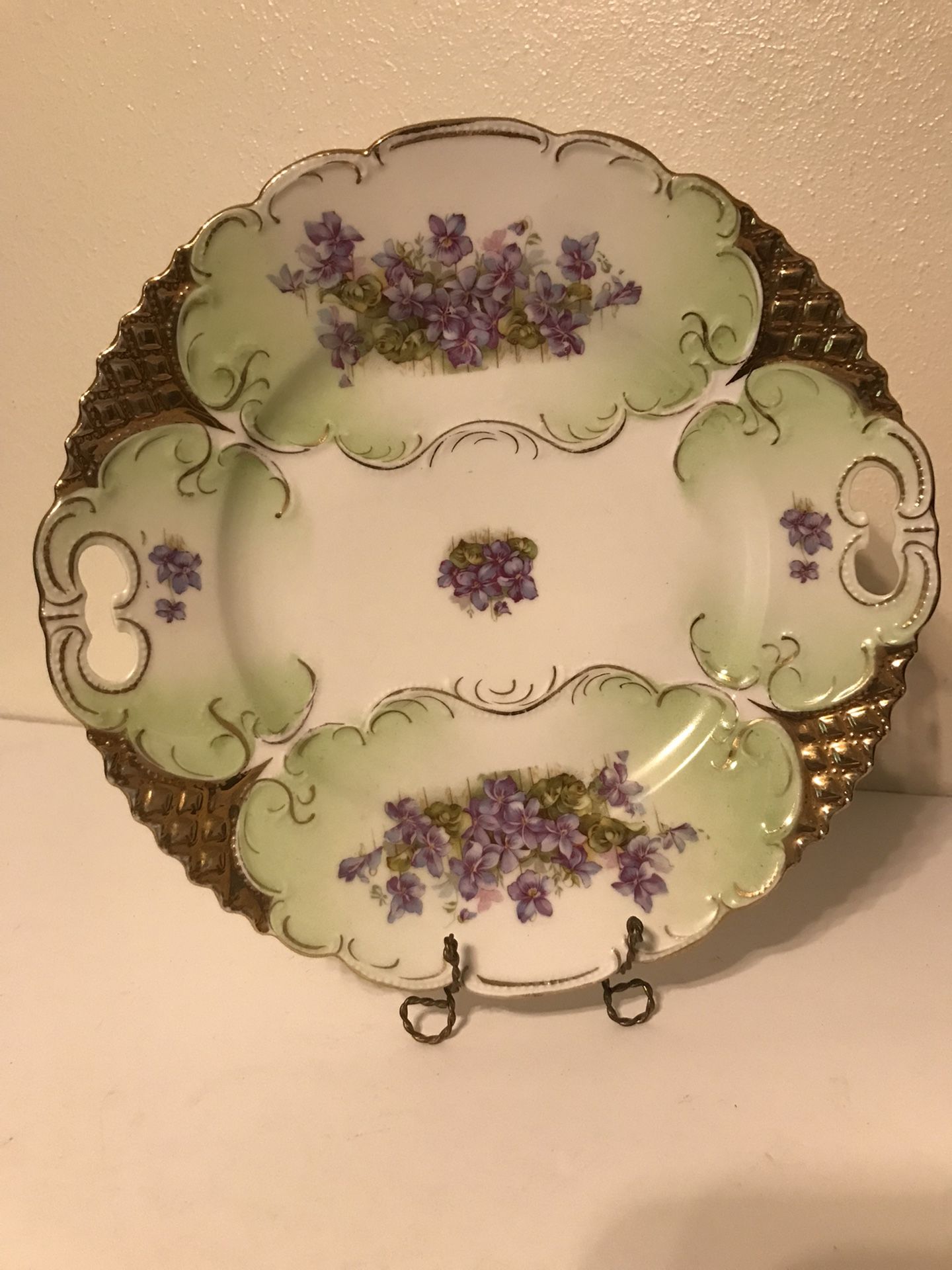 Antique German Porcelain 10" Floral Plate Purple Violets w/ Molded Gold Design