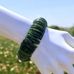 Green Dyed Shell Disc Stretch Bracelet Chunky Stacked Statement