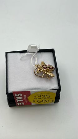 Gold Bee Brooch with Red and Clear Stones