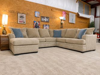 Large Beige Fabric Sectional Sofa with Chaise
