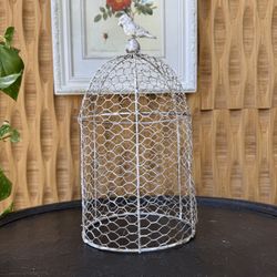 Decorative Small Bird Cage White Wire Farmhouse Plant Cloche Anthro Shelf Decor Shabby Cottage Chic