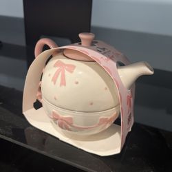 White & Pink Bow Teapot & cup