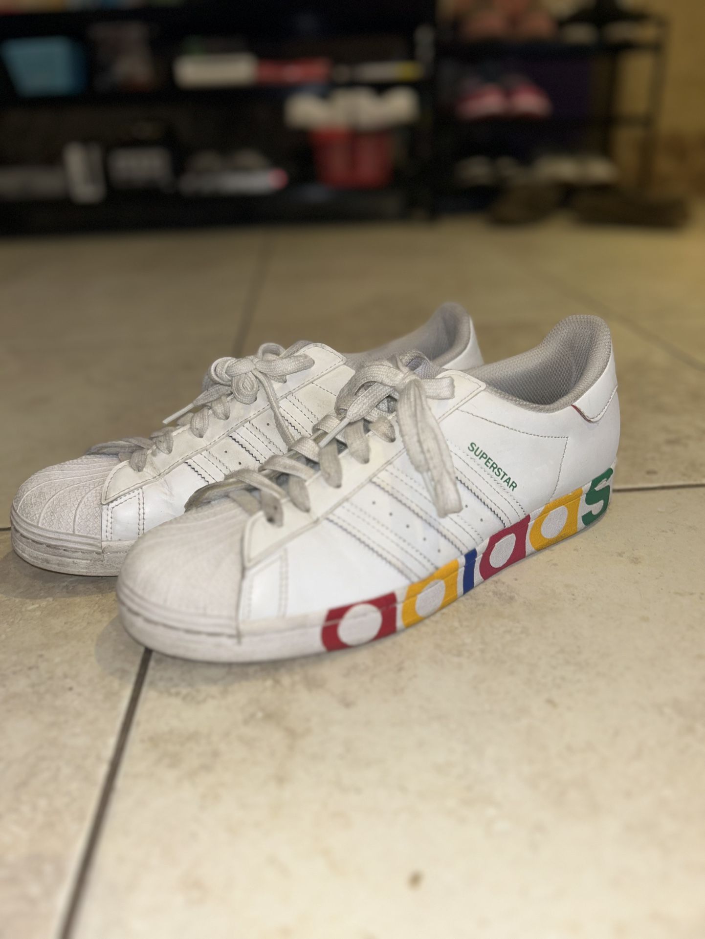 Adidas White Superstar Multicolored Lettering Shoes