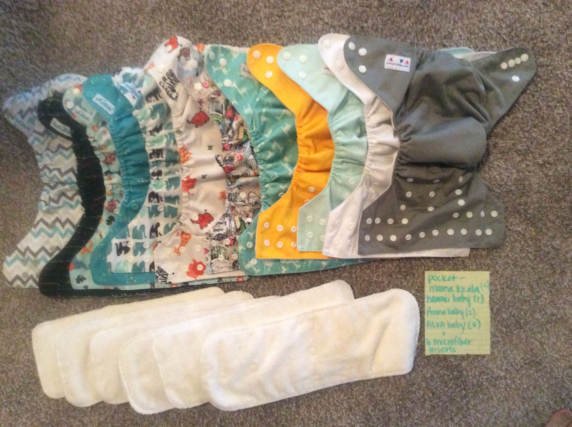 Various brand pocket cloth diapers + 6 microfiber inserts