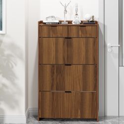 Shoe Cabinet, Free Standing Tipping Bucket Shoe Rack Organizer with 3 Flip Drawers, Modern Entryway Narrow Shoe Rack with 2 Drawers & Top Storage, for