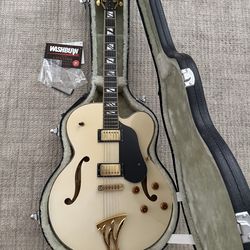 Washburn J-9 hollow body electric guitar with its hard case