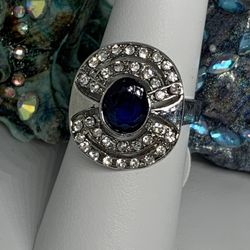 Oval Dark Blue Stone Surrounded In Bling Sz 7.25 & 7.5