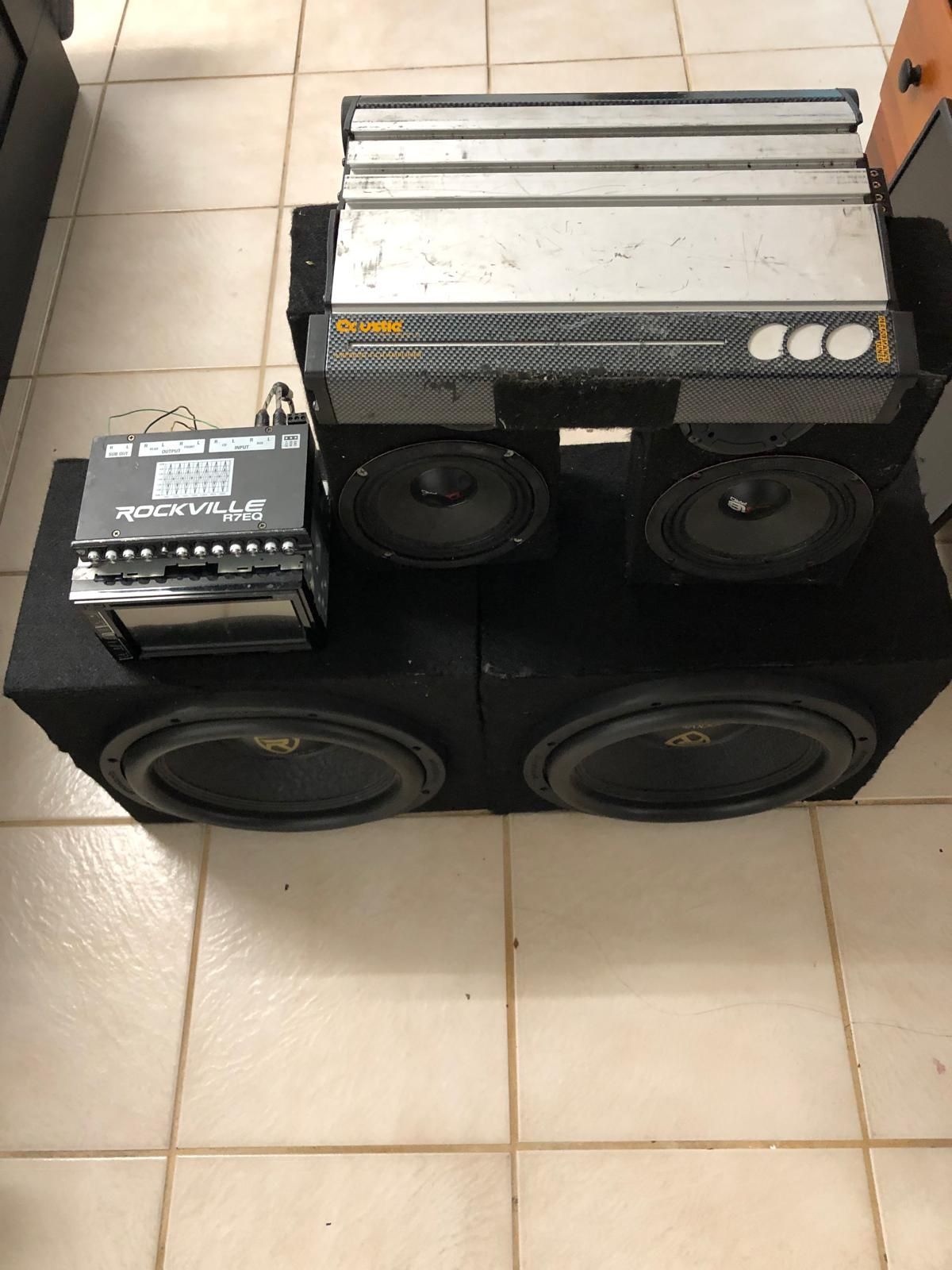 Complete Car Stereo system with wireless one or two amplifiers double speaker box or two single speaker box
