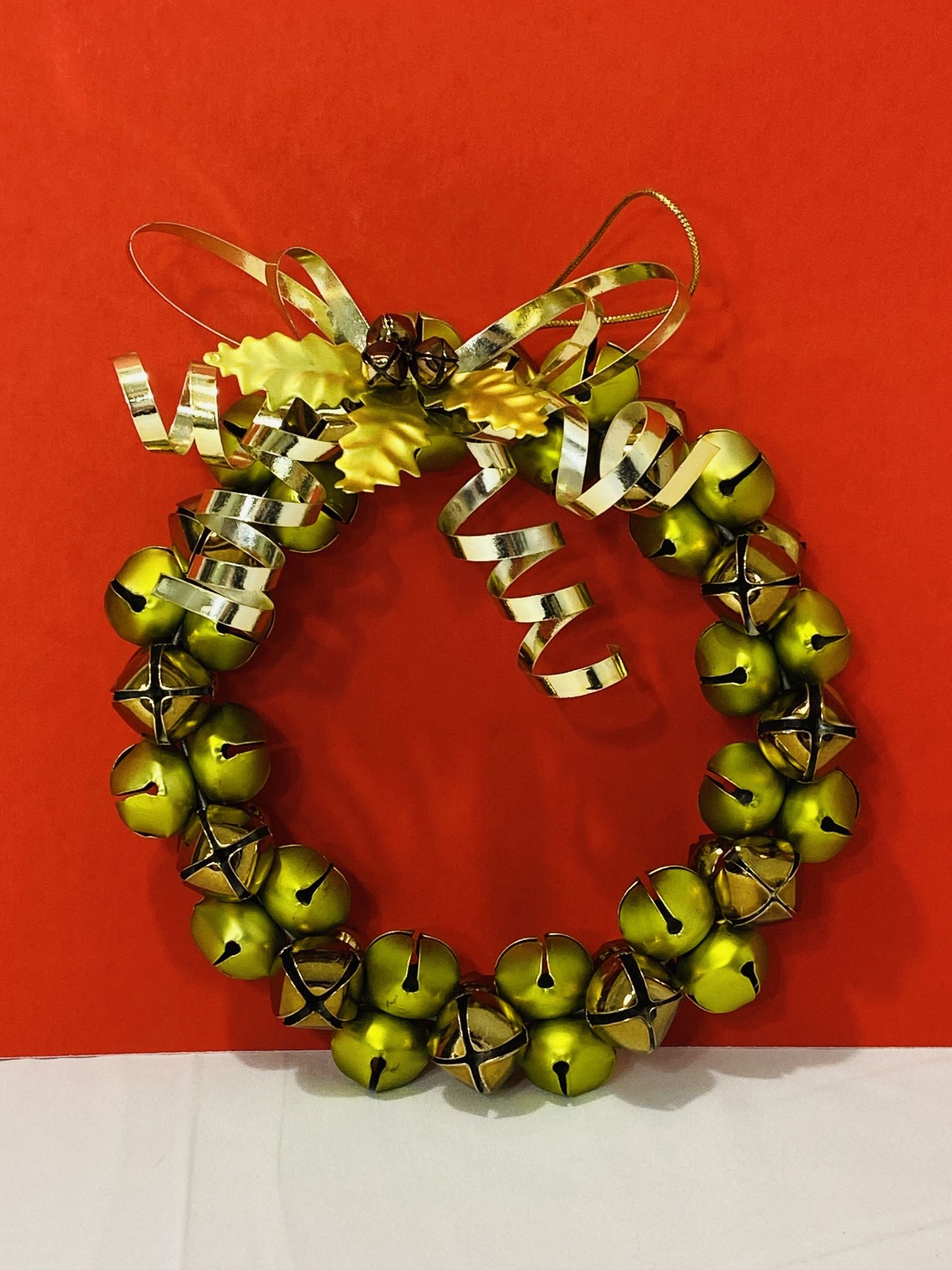 Pottery Barn Christmas Jingle Bells Green and Gold Brass Metal Wreath 7"