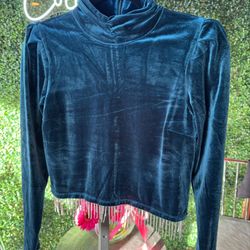 Joie Teal Velvet Mock Neck Long Sleeve. NWT Silver Rhinestone Fringe.