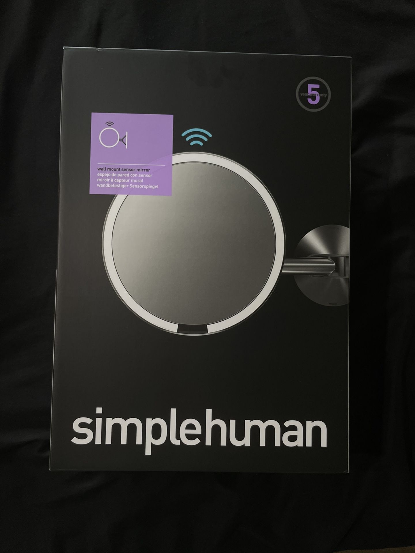 simplehuman 8" Round Wall Mount Sensor Makeup Mirror, 5x Magnification, Rechargeable and Cordless, Brushed Stainless Steel