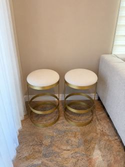 Gold Metal Vanity Stools with White Bouclé Upholstered Seats