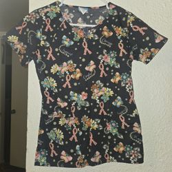 Black scrub top with pink ribbons and butterflies #cancerawareness