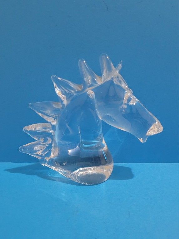 Vintage clear Glass Horse Head Bust Figurine Heavy Sculpture 5”